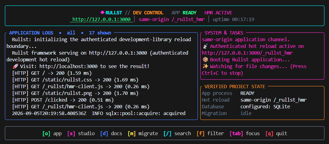 Recorded Rullst terminal dashboard with project information, application logs and development controls
